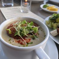 The corn soup is awesome, but it's tiny AF. at Oliver's in Santa Barbara