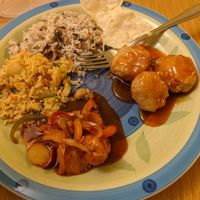 samples from our dinner takeaway order: Vegan Mock Chicken Balls, Kung-Po Mock Chicken, Mushroom Fried Rice, Thai Fried Rice - free crackers at Oriental Aroma in Royal Wootton Bassett