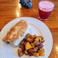 Meat lovers burrito with home fries at Two Dollar Radio Headquarters in Columbus
