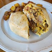 Vegan Meat-Lovers Breakfast Burrito at Two Dollar Radio Headquarters in Columbus