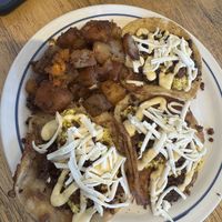 Pancake Taco’s with home fries  at Two Dollar Radio Headquarters in Columbus