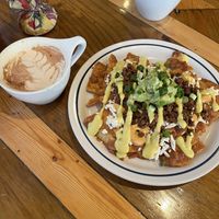 Chilaquiles and apple chai with soy milkk  at Two Dollar Radio Headquarters in Columbus