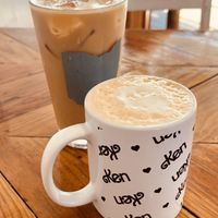 Drip coffee with soy milk and a Dirty chai  at Two Dollar Radio Headquarters in Columbus