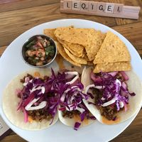 Tacos with chips & cowboy caviar at Two Dollar Radio Headquarters in Columbus