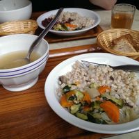 A daily menu: Spelt with vegetable, Soup and bread at Club Centro Macrobiotico in Milan