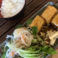 Teriyaki tofu dish, extra leafy greens instead of the miso. I had already eaten a big piece of tofu before taking pic, sorry!! Very yummy. at Sushi Yah Man in Noosa Heads