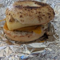 Vegan mountaineer on onion bagel at The Met Coffee House and Art Gallery in North Conway