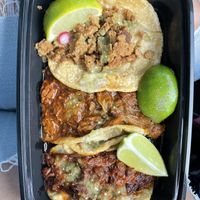 Birria, barbacoa and carne asada tacos. Amazing!  at Cena Vegan - Ghost Kitchen in Los Angeles