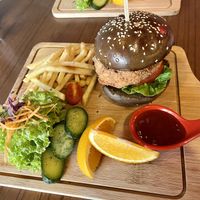 Burger and chips   at Anthony Vegetarian Restaurant in Malacca