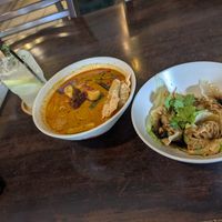 Lemonade, Lion's mane and tofu laksa and dumplings at Anthony Vegetarian Restaurant in Malacca