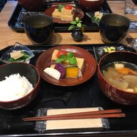 Vegan lunch set on traditional Japanese lacquerware. at Cafe Guri in Kamakura