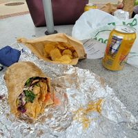 Buffalo wrap comes w/ chips and a pickle. They have La Croix also.  at Detroit Street Filling Station in Ann Arbor