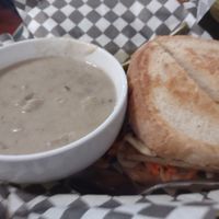 Banh mi sandwich with soup! So good! at Detroit Street Filling Station in Ann Arbor