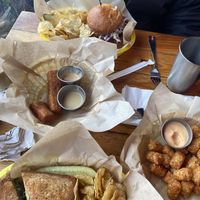 (can’t remember what the burger was), tater tots, chick’n fried tofu fingers, TLT sandwich   at Detroit Street Filling Station in Ann Arbor