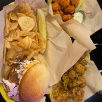 Mushroom chik’n burger, buffalo wings, specialty wings  at Detroit Street Filling Station in Ann Arbor