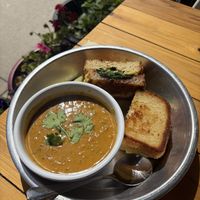 Raspberry basil grilled cheese, side of soup de jour  at Detroit Street Filling Station in Ann Arbor