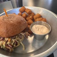 Fried Mushroom Sammy + beautifully spiced tots  at Detroit Street Filling Station in Ann Arbor