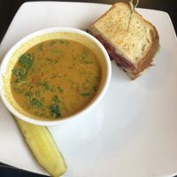 Chana Masala Saag soup and raspberry grilled cheese.  at Detroit Street Filling Station in Ann Arbor