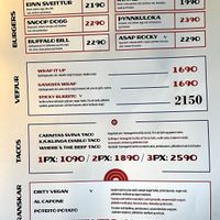 Menu as of June 2021. Vegan options marked with green V. at Prikid in Reykjavik
