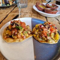 Corn and beans tostadas and trio de salsas at Wahaca in Edinburgh