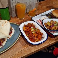 Tofu & mushroom bao buns, peanut & furikake Fries.  Beyond burger and salt and vinegar Fries. at Redmond's in Glasgow