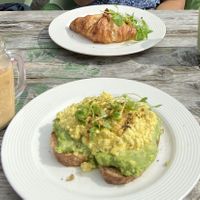 Avo toast + scrambled tofu and croissant + scrambled tofu + ‘bacon’   at Beetroot Sauvage in Edinburgh