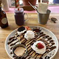 Oreo pancakes & coconutyogurt blueberry smoothie  at Serenity Now in Glasgow