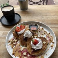 Blueberry biscoff pancakes & oat latte  at Serenity Now in Glasgow