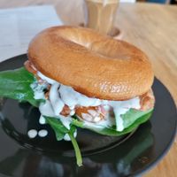 TLT (Tempeh, lettuce, tomato) bagel at Shoe Tree Cafe in Newcastle Upon Tyne