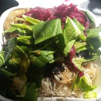 Rice noodles with sesame, pak choi, pickled red cabbage and aubergines salad box at Shoe Tree Cafe in Newcastle Upon Tyne