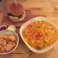Cassava chips, jack fruit burger and the special! at Essential Vegan @ Ten to One Bar in North London
