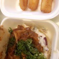 Bbq jackfruit burger & cassava fries  at Essential Vegan @ Ten to One Bar in North London