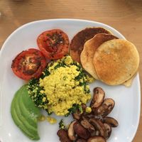 Delicious breakfast/lunch ? chickpea pancakes, tofu “omelette”, everything was just lovely! at Essential Vegan @ Ten to One Bar in North London