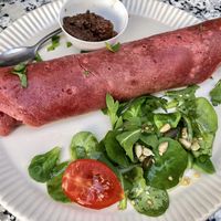Beetroot crepe with cheese and olive pâté  at L'Exquisit in Mallorca