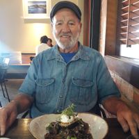 Dad with his mushroom bruchetta  at The Block Cafe in Auckland