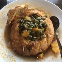 Vegan pozole in a bread bowl at Creekside Restaurant at Kalaloch Lodge in Forks