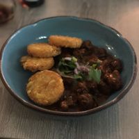 Beer goulash with potato pancakes   at Forrest Bistro in Prague