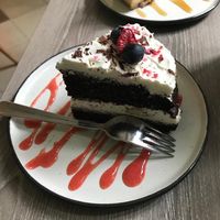 Chocolate cake with creme and peanut butter cheesecake at Forrest Bistro in Prague