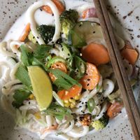 udon noodles with veggies and coconut sauce at Forrest Bistro in Prague