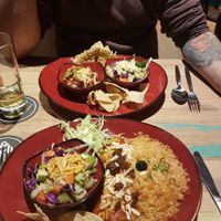 Vegan picadillo enchiladas served with salad and rice. at Montezuma's in Williams Landing