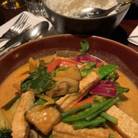 Red curry with coconutmilk, fried tofu and veg at Buddhas in Leiden