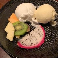 Lychee and pineapple sorbet icecream with fruit at Buddhas in Leiden