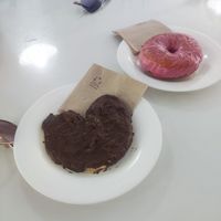 Chocolate pastry and strawberry donut at Vegan Bombon in Alicante