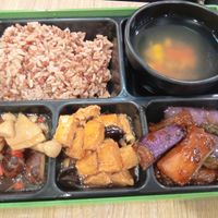 Bento set $12 since two of three veggies are premium+ brown rice at Greendot 绿一点 - Northpoint in North Singapore