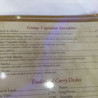 Vegetarian part of the menu at The Grange Indian Restaurant in Milton Keynes
