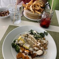 Buddha bowl (in front) and the lentil burger (in back)  at Garden Fresh Cafe in Palm Beach