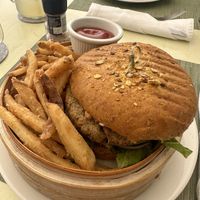 Vegan burger with fries and vegan thousand island!  at Garden Fresh Cafe in Palm Beach