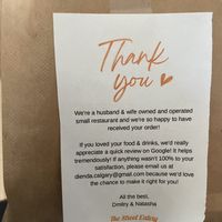 Sweet note attached to my Uber eats  at The Street Eatery in Calgary