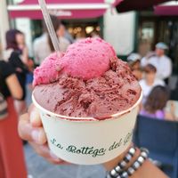 Two scoop dark chocolate with a wild berry scoop at La Bottega del Gelato in Pisa