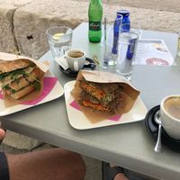 Vegan toasted sandwich with garlicky spread and sprouts. at Caffe Teater in Piran